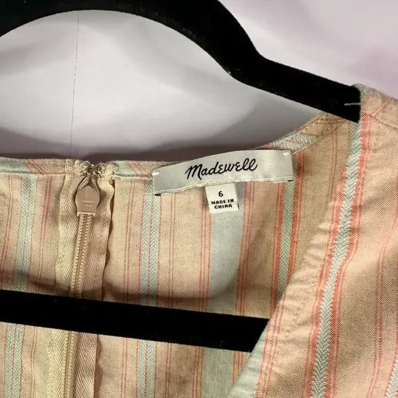 MADEWELL 6 Striped Puff-Sleeve Tapered Jumpsuit Pink Blue Linen Blend Romper - Picture 4 of 7